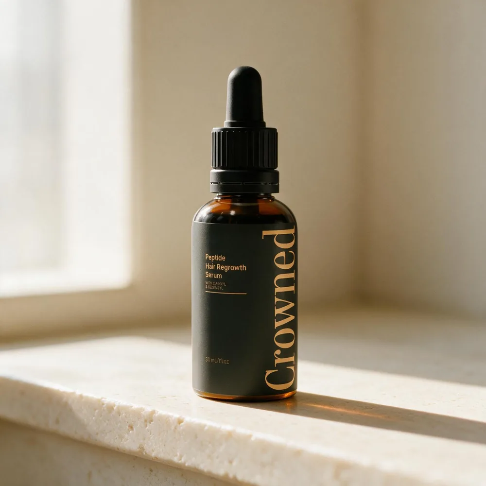 Crowned® Peptide Hair Regrowth Serum on a cream stone ledge in morning light