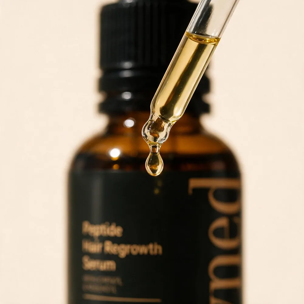 Close-up of the Crowned® dropper releasing a single drop of serum