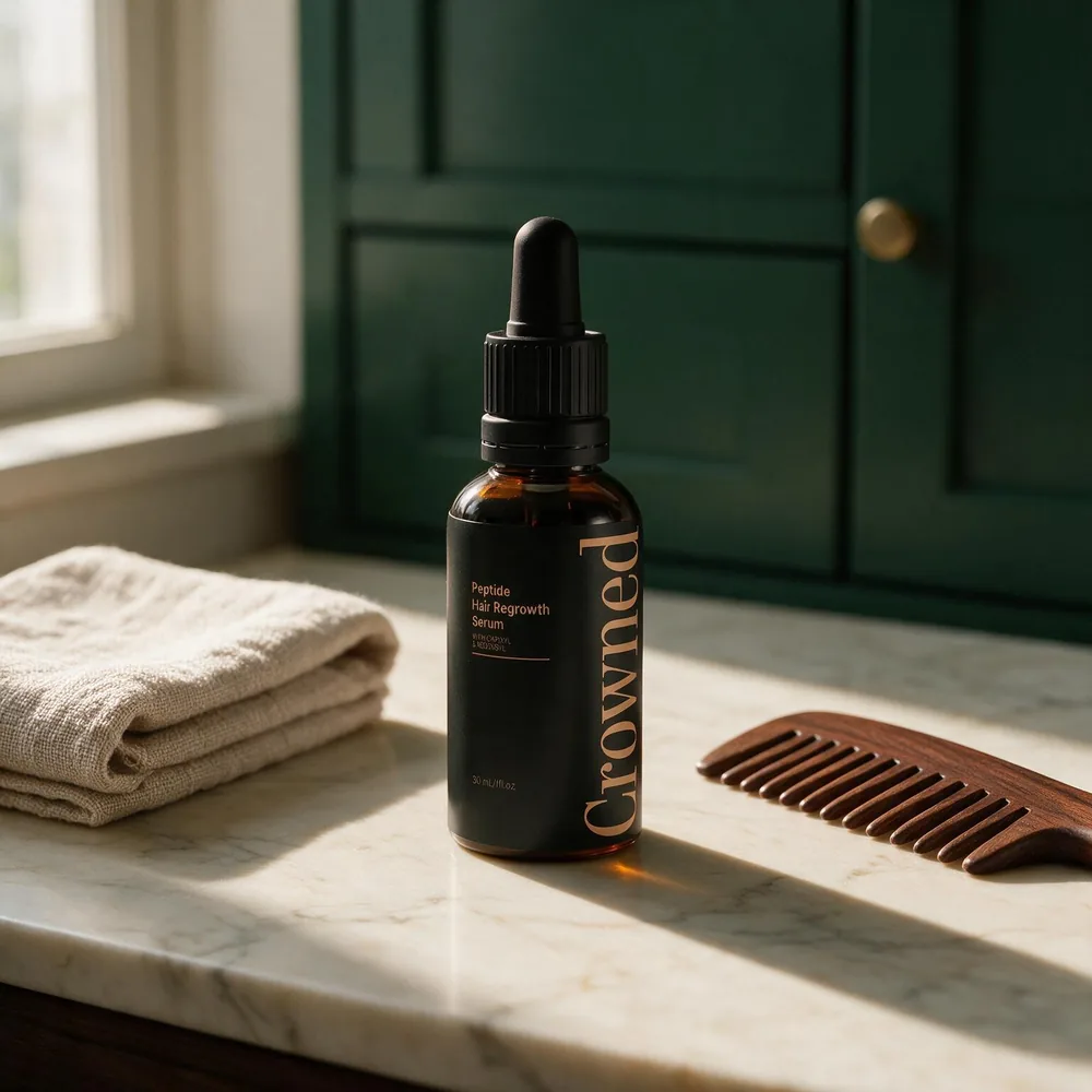 Crowned® serum on a marble vanity beside a folded linen towel and a wooden comb