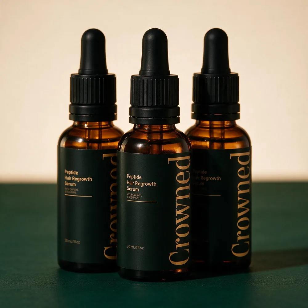 Three bottles of Crowned® Peptide Hair Regrowth Serum on a deep green surface