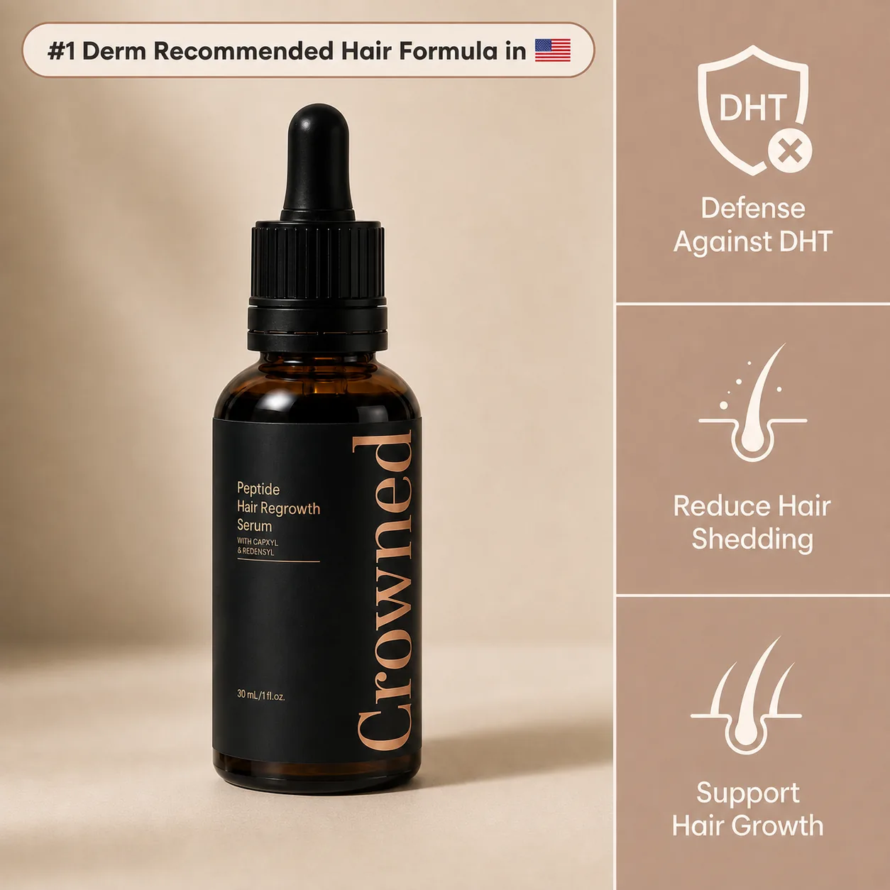 Crowned® Peptide Hair Regrowth Serum, 30 mL — #1 Derm Recommended Hair Formula in the USA. Defense against DHT, reduce hair shedding, support hair growth.